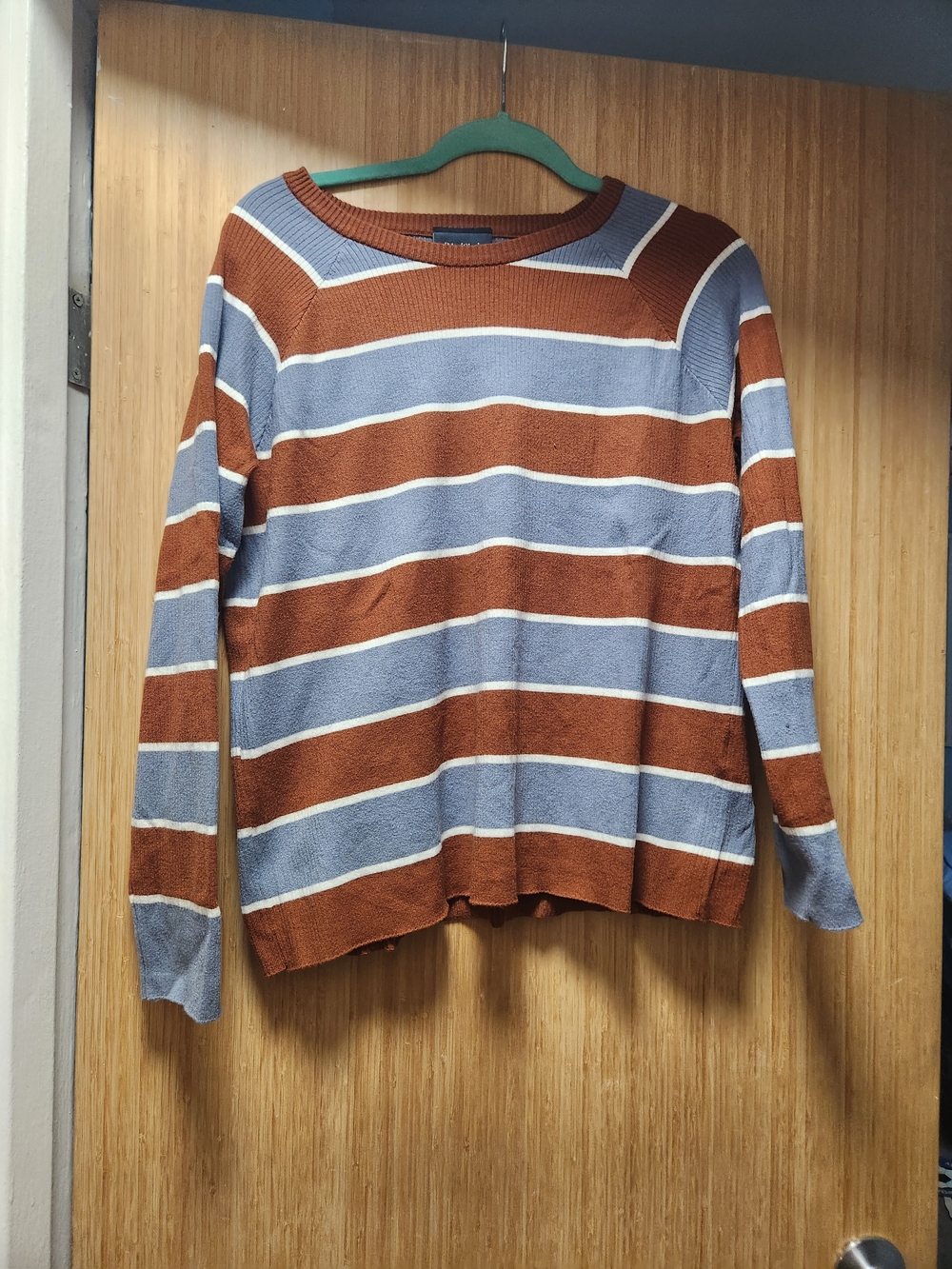 ModCloth Striped Crewneck Sweater in Rust, Dusty Blue & White